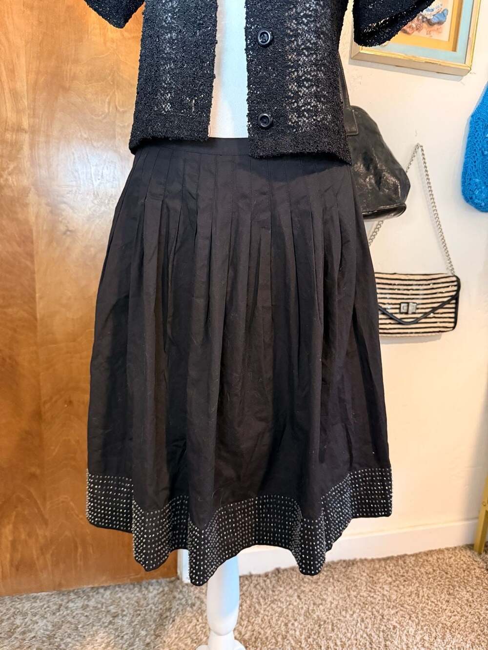 Vintage Talbots Petites Black Pleated Beaded Cotton Midi Skirt